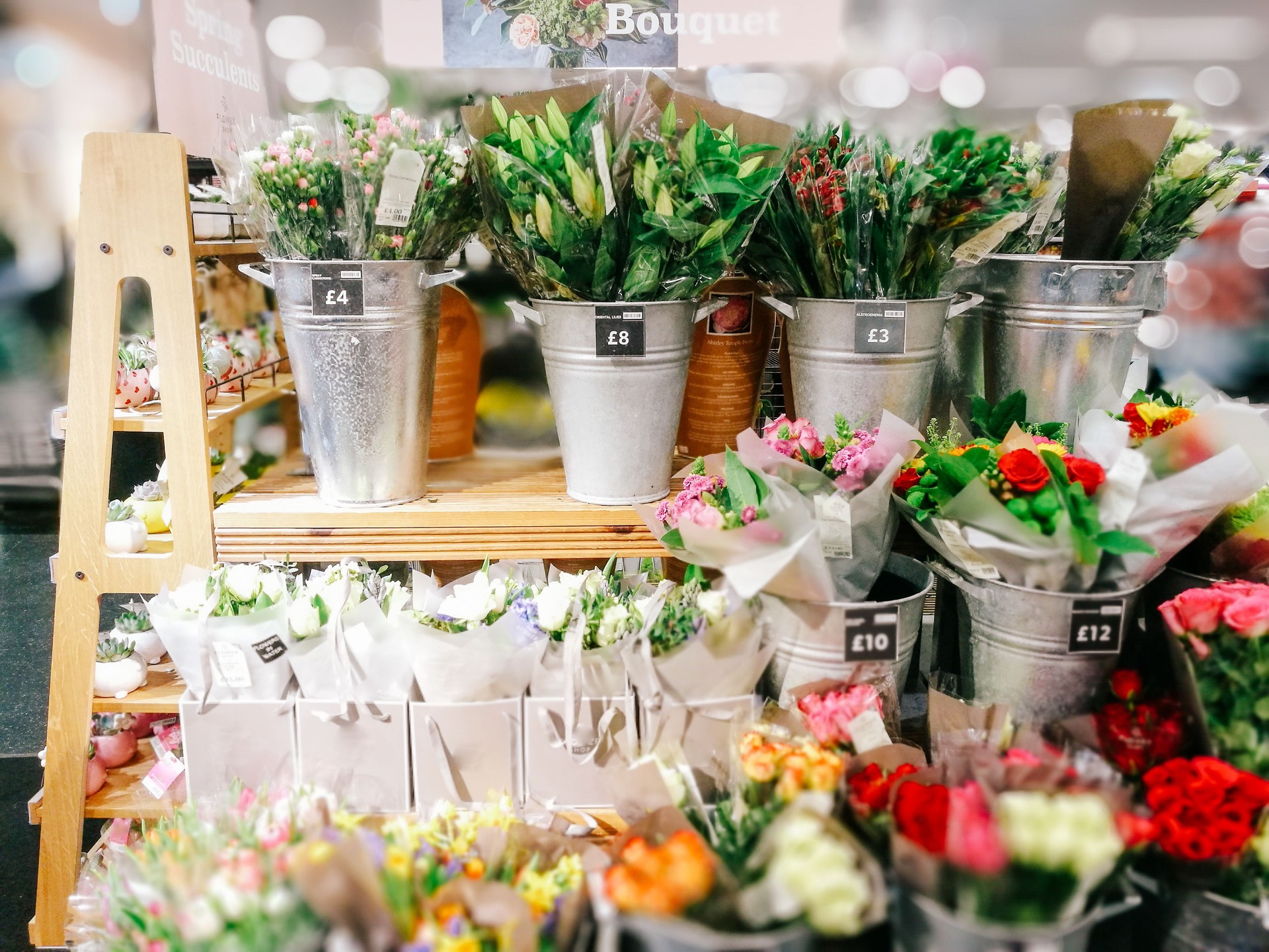 Retail display of fresh flower bouquets